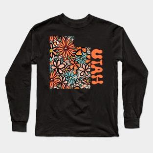 Utah State Design | Artist Designed Illustration Featuring Utah State Filled With Retro Flowers with Retro Hand-Lettering Long Sleeve T-Shirt